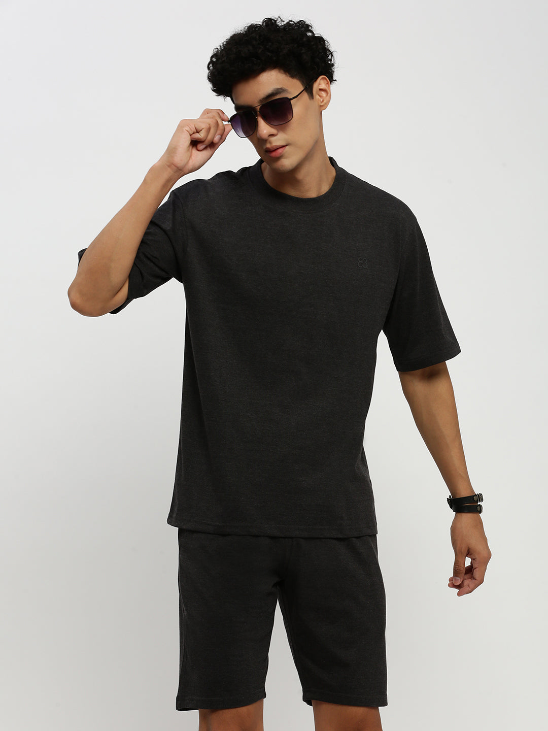 Men's Dark Grey Solid Round Neck Co-Ords Set