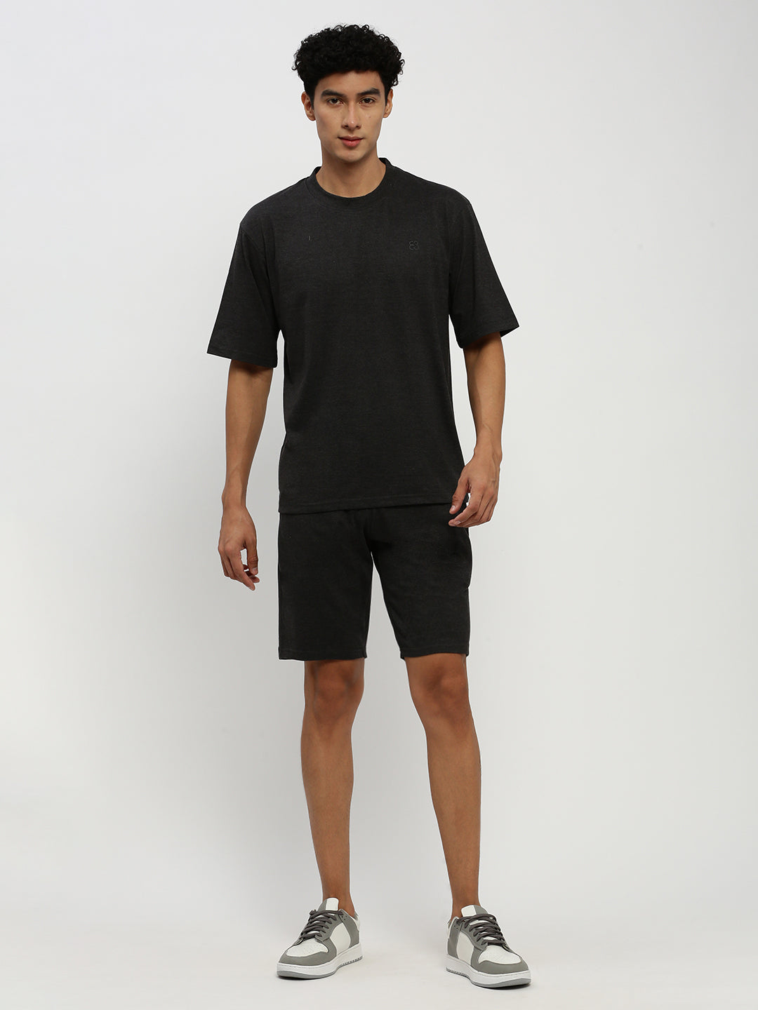 Men's Dark Grey Solid Round Neck Co-Ords Set