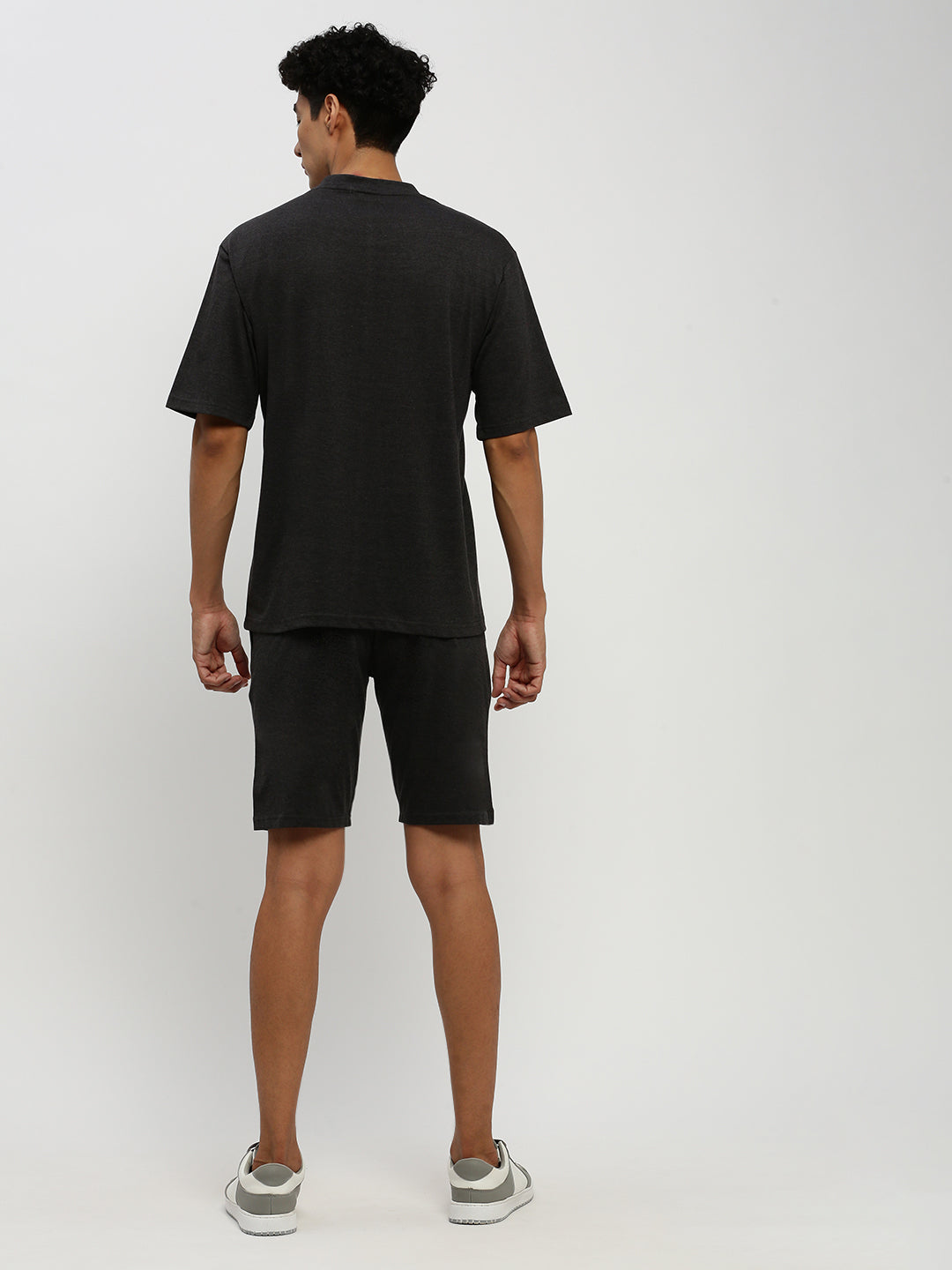 Men's Dark Grey Solid Round Neck Co-Ords Set
