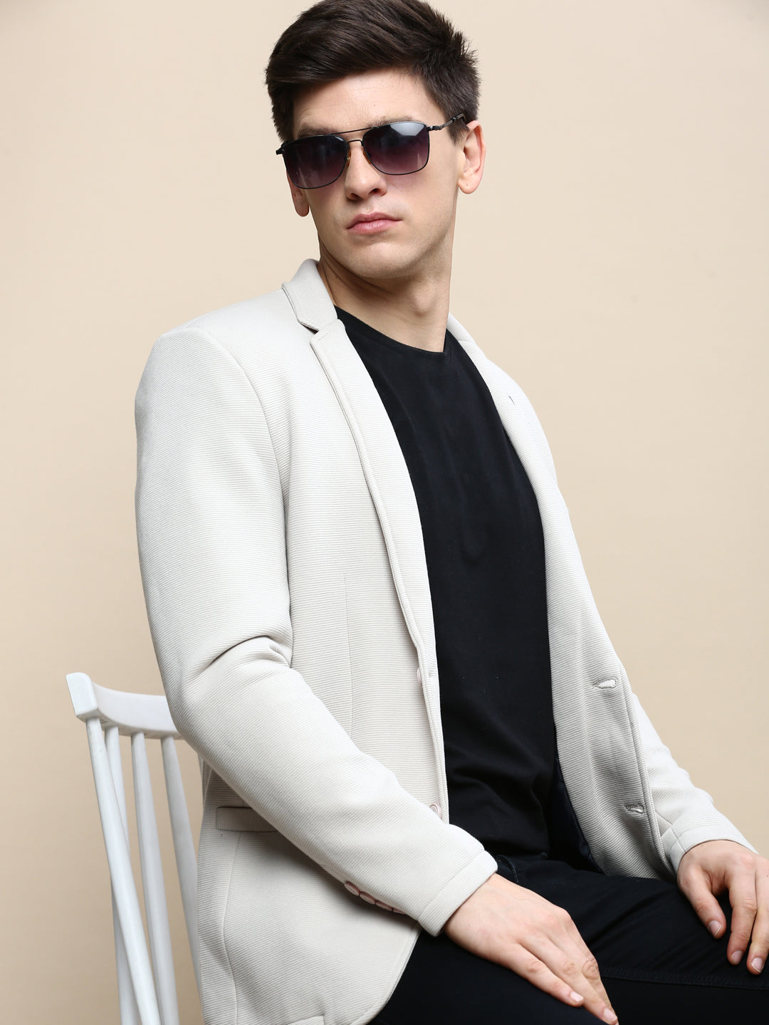 Men Beige Solid Casual Blazers