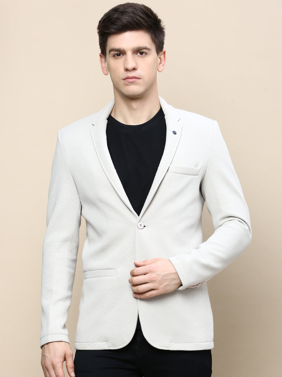 Men Beige Solid Casual Blazers