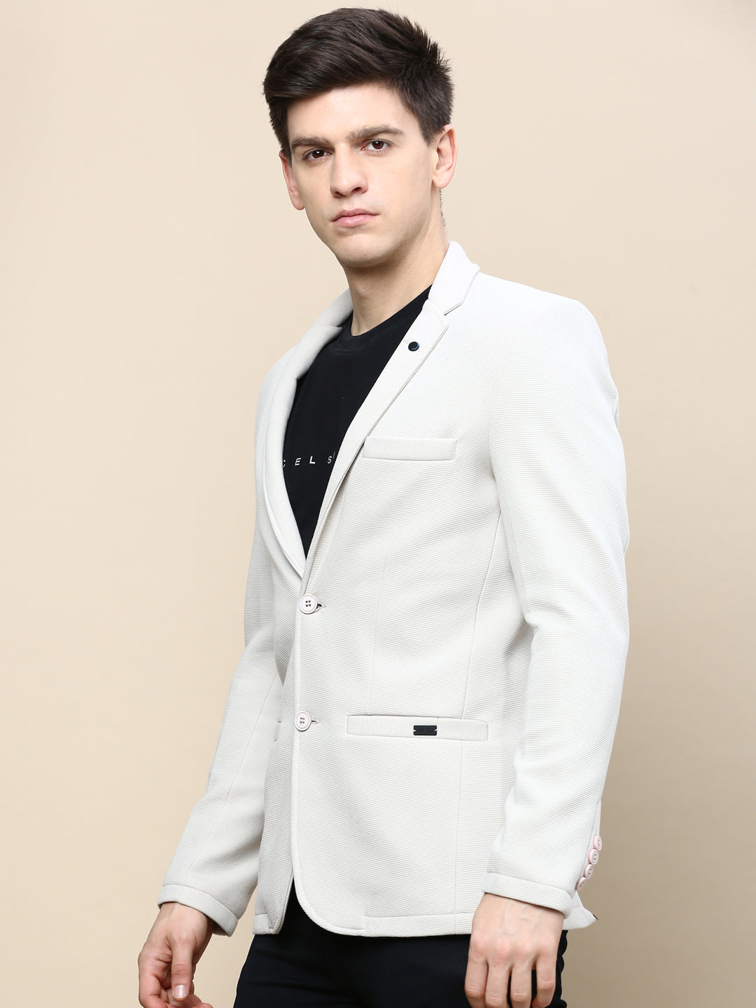 Men Beige Solid Casual Blazers