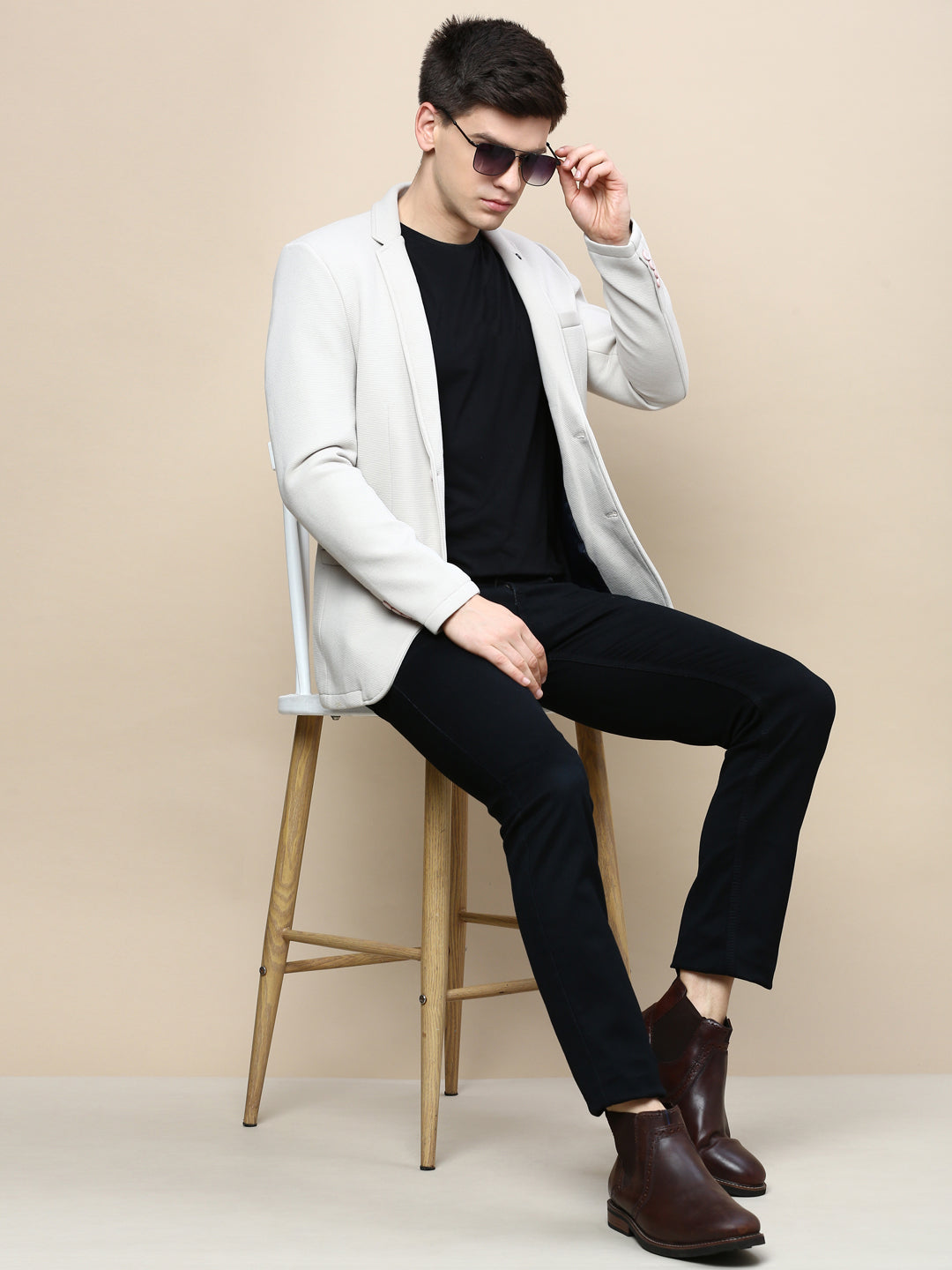 Men Beige Solid Casual Blazers