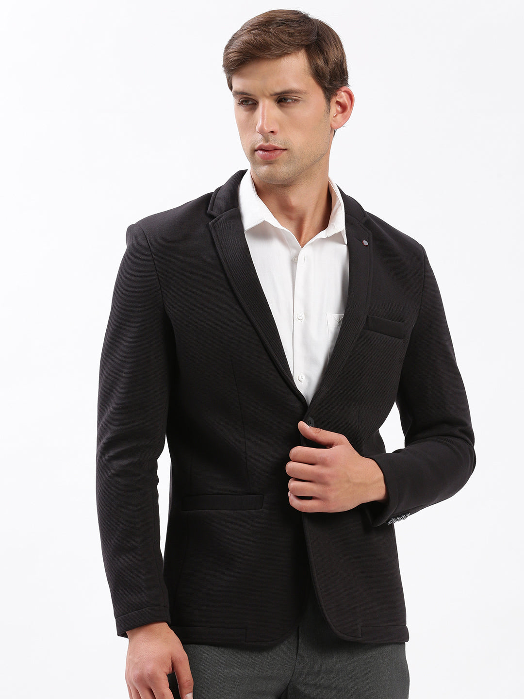 Men Notched Lapel Solid Black Blazer