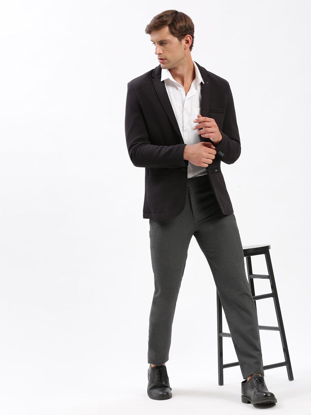 Men Notched Lapel Solid Black Blazer