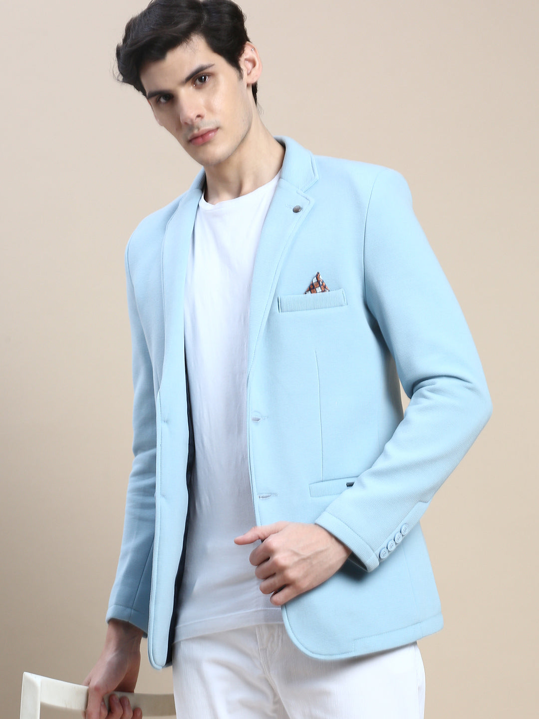 Men Blue Solid Casual Blazers