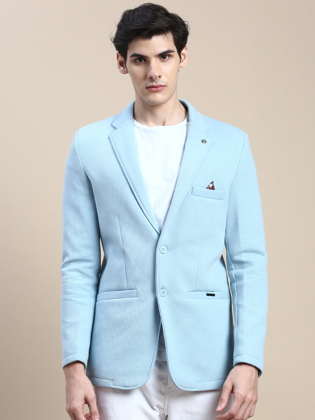 Men Blue Solid Casual Blazers