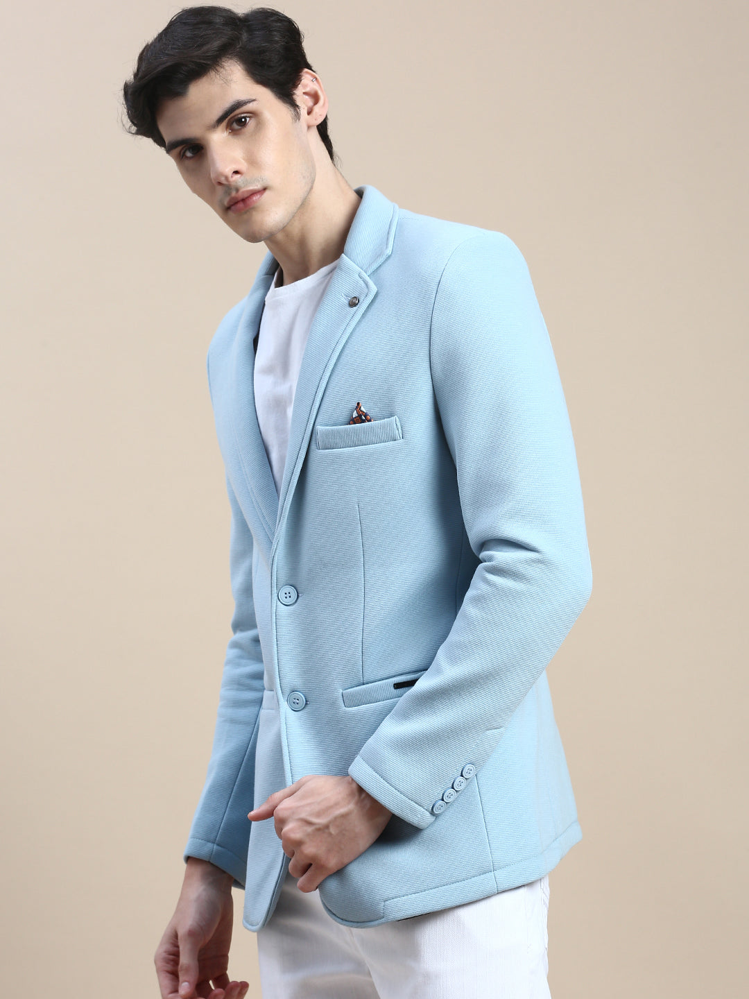 Men Blue Solid Casual Blazers