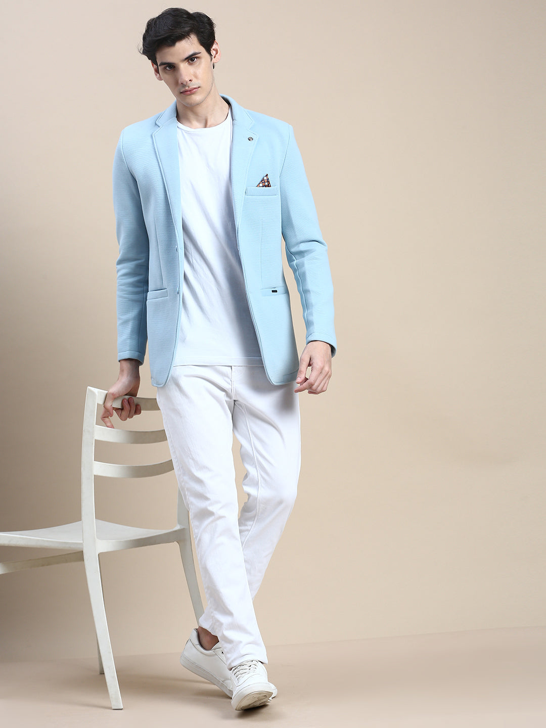 Men Blue Solid Casual Blazers