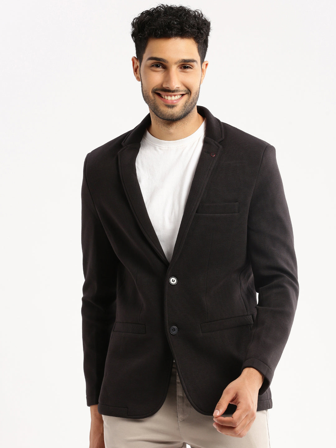 Men Charcoal Solid Notched Lapel Blazer