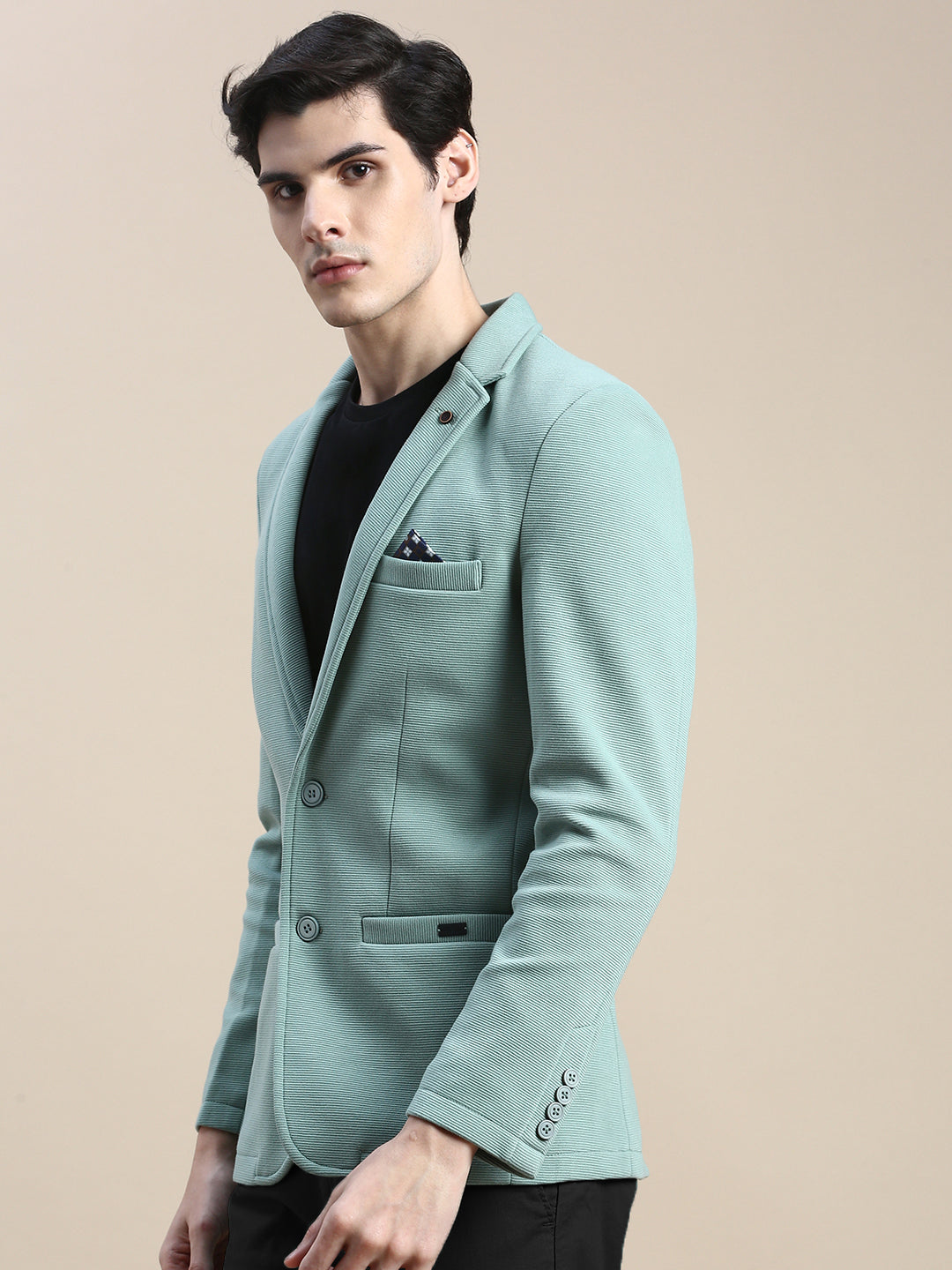 Men Green Solid Casual Blazers