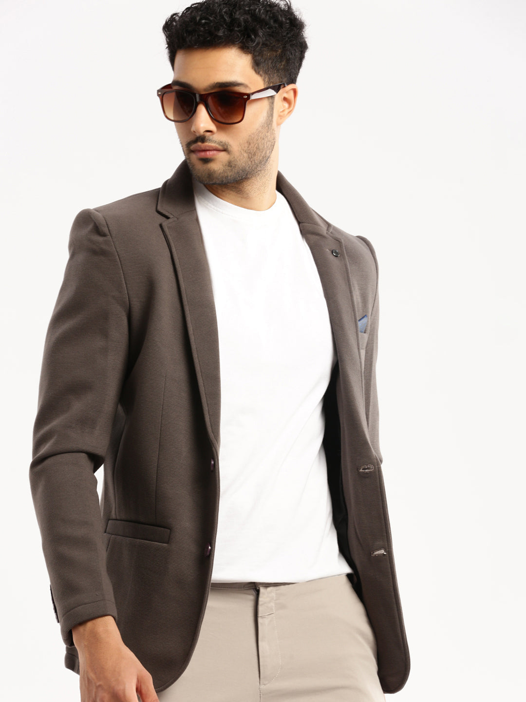 Men Grey Solid Notched Lapel Blazer