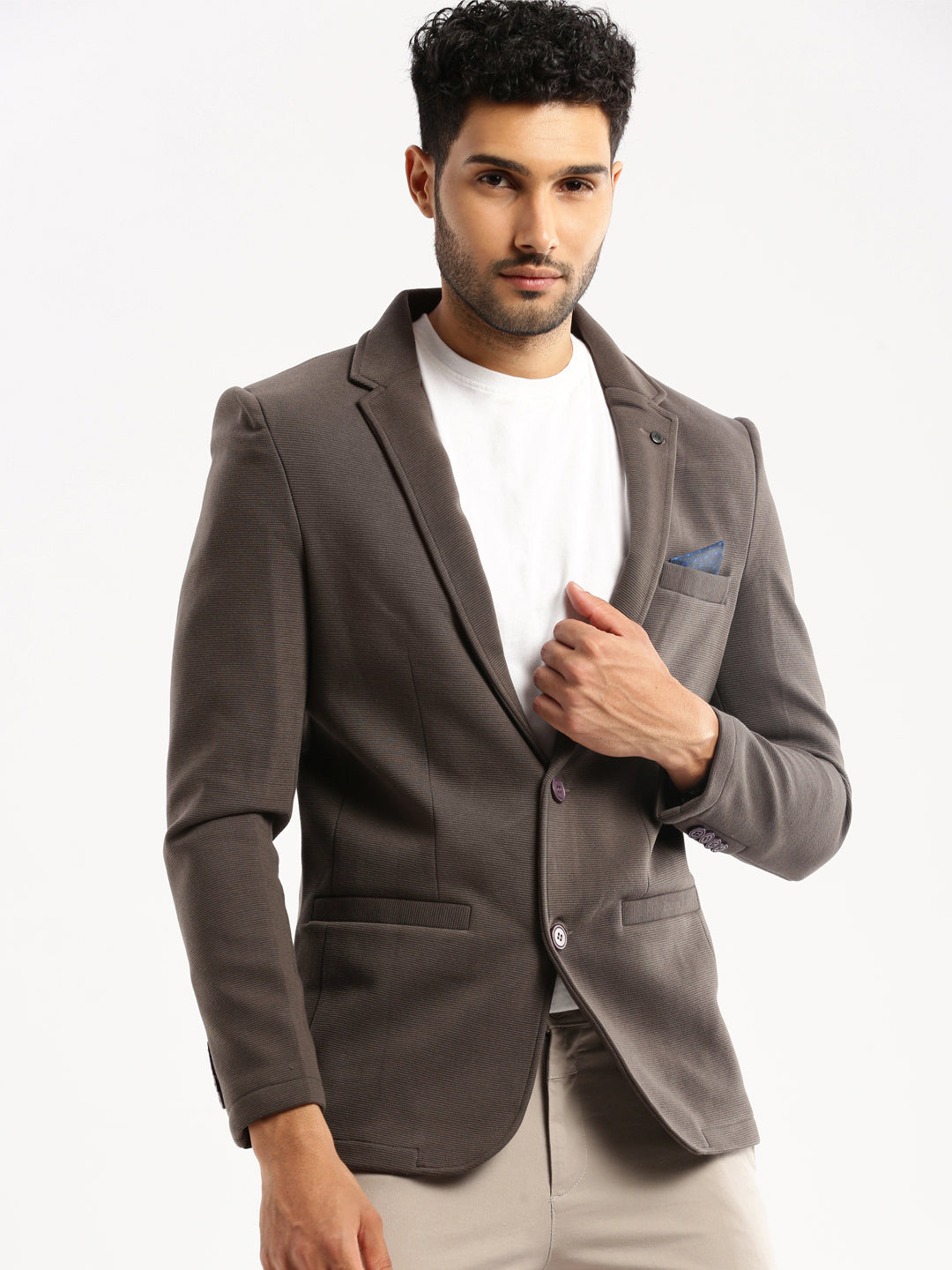 Men Grey Solid Notched Lapel Blazer