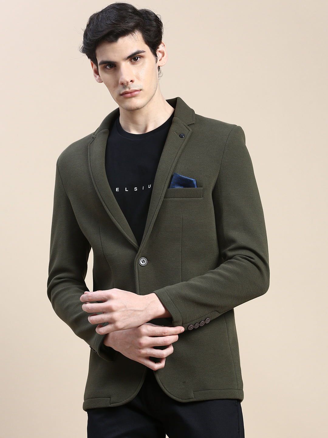 Men Green Solid Casual Blazers