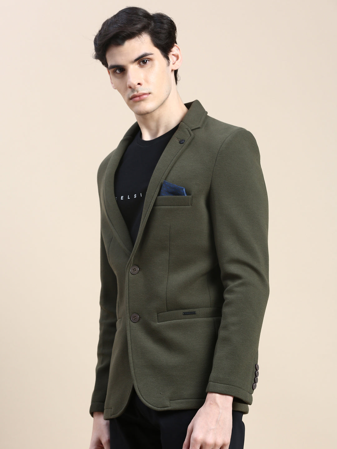 Men Green Solid Casual Blazers