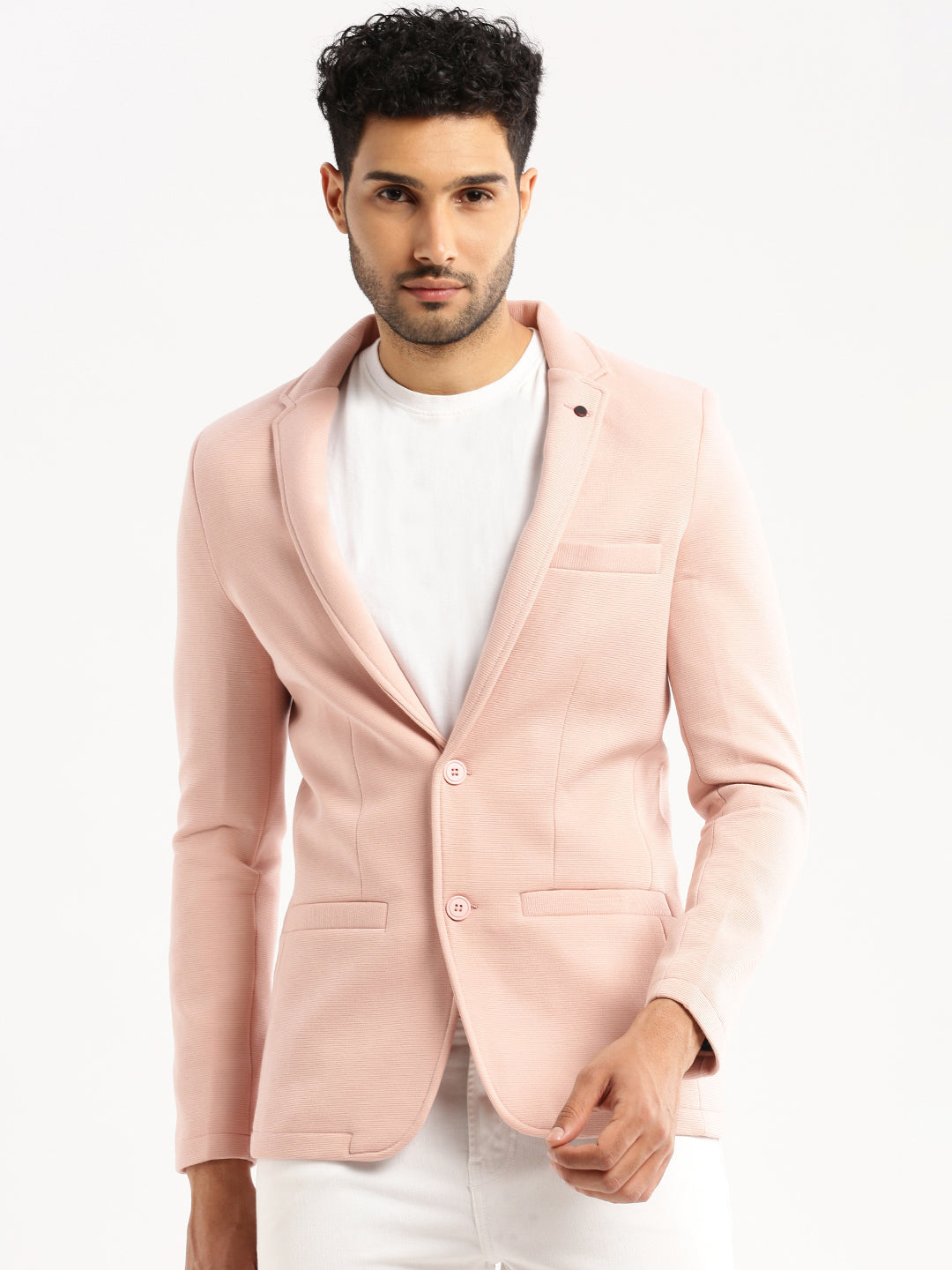 Men Peach Solid Notched Lapel Blazer