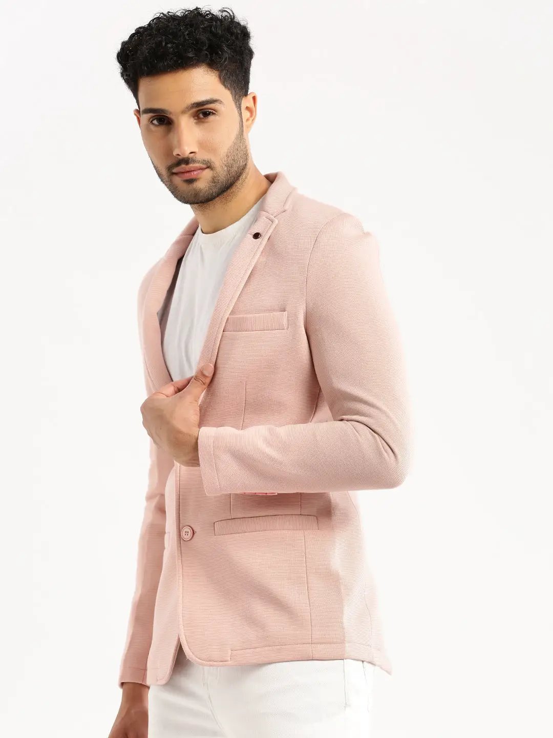 Men's Peach Notched Lapel Collar Single-Breasted Corduroy Slim-Fit Blazer - from SHOWOFFFF