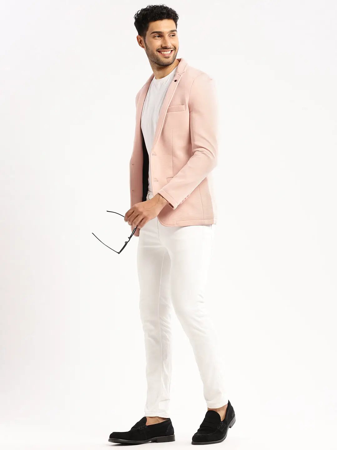 Men's Peach Notched Lapel Collar Single-Breasted Corduroy Slim-Fit Blazer - from SHOWOFFFF