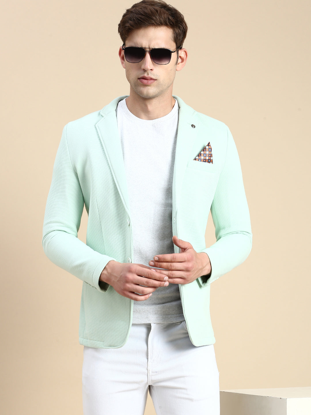 Men Green Solid Casual Blazer