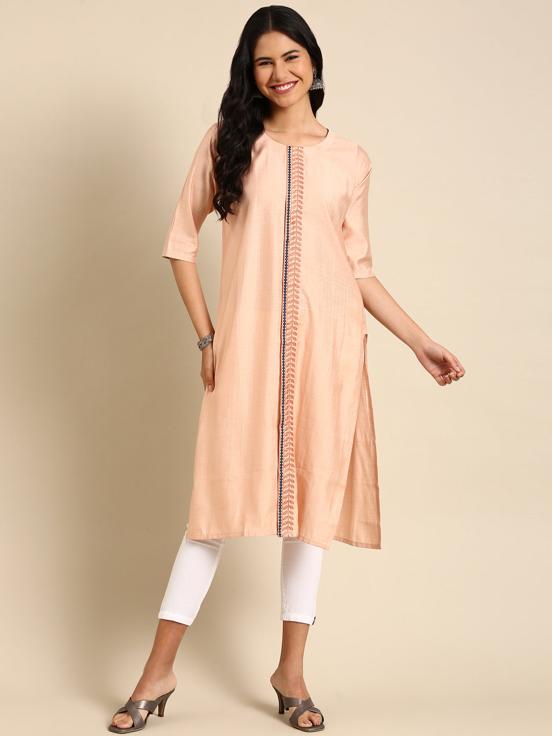 Women's Peach Printed Straight Kurta