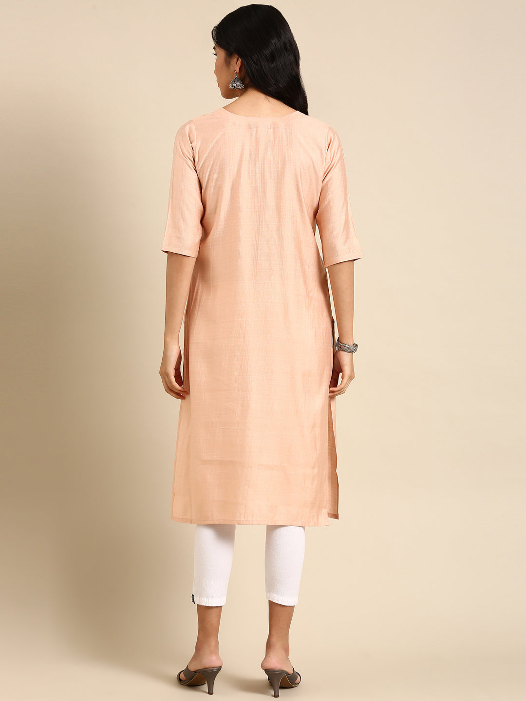 Women's Peach Printed Straight Kurta