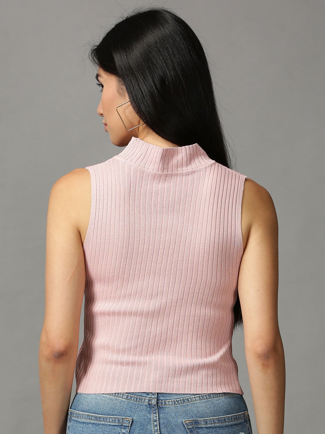 Women's Pink Striped Choker Neck Fitted Crop Top