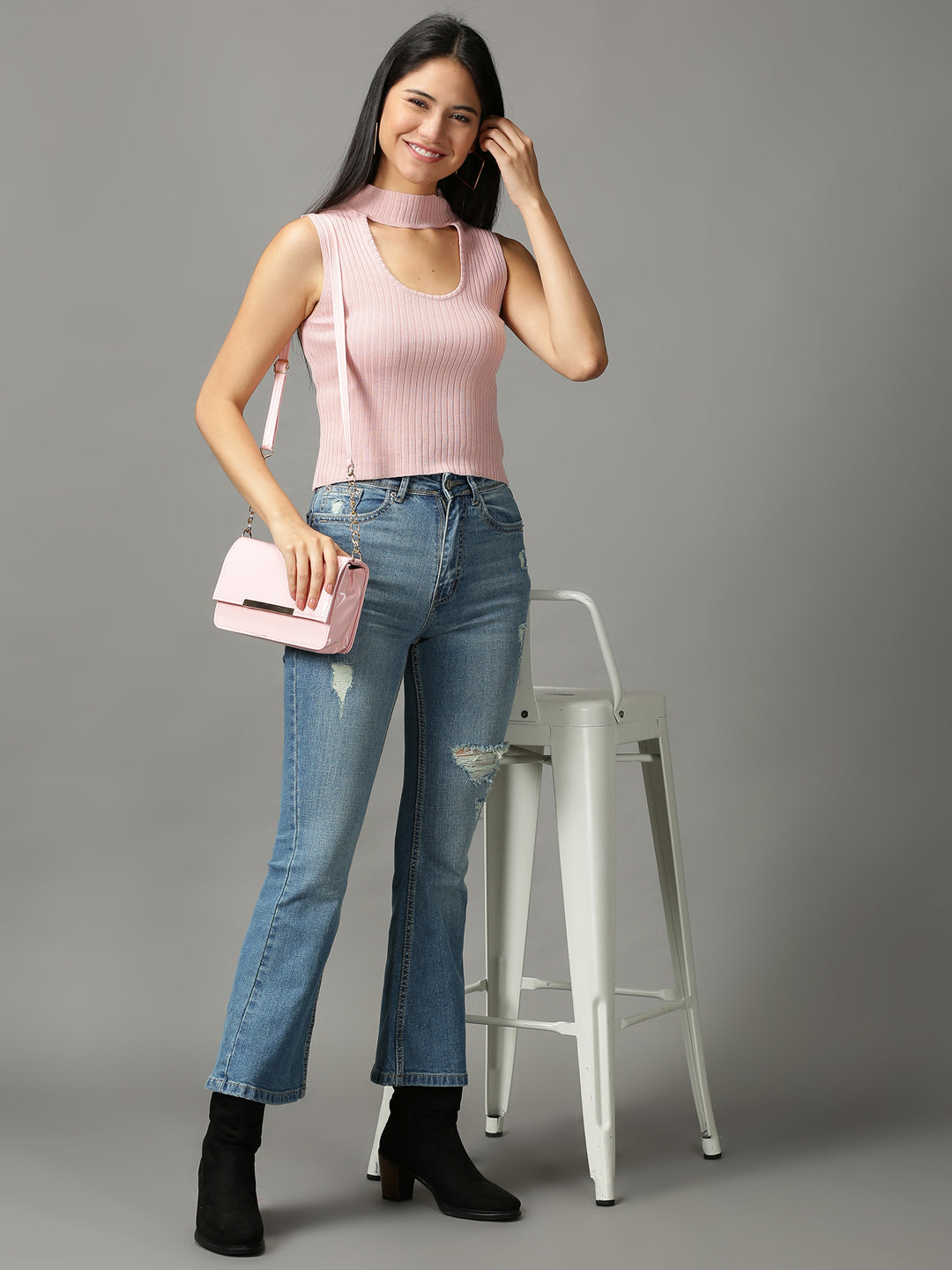 Women's Pink Striped Choker Neck Fitted Crop Top