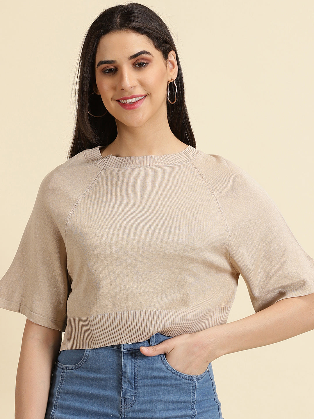 Women's Beige Solid Styled Back Crop Top