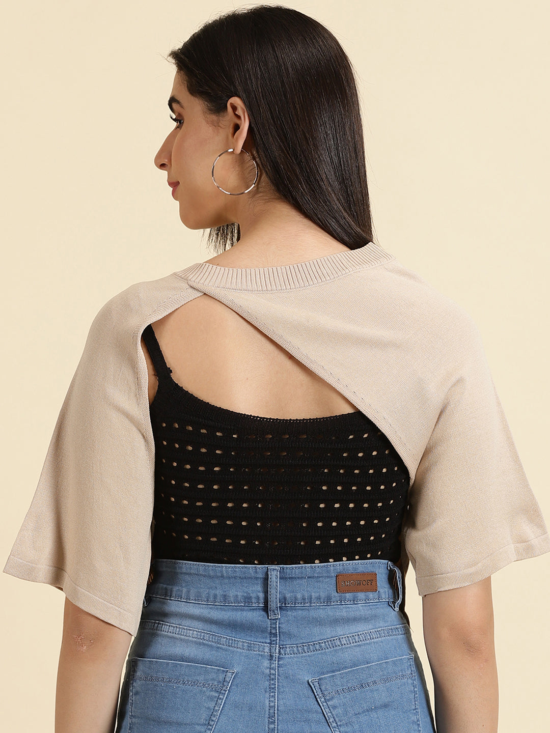 Women's Beige Solid Styled Back Crop Top