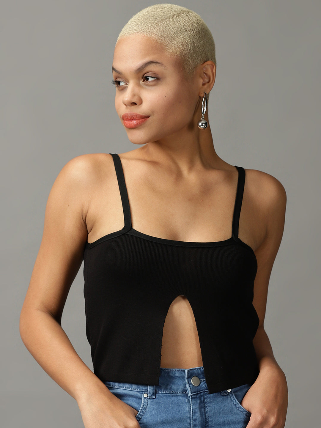 Women's Black Solid Fitted Crop Top