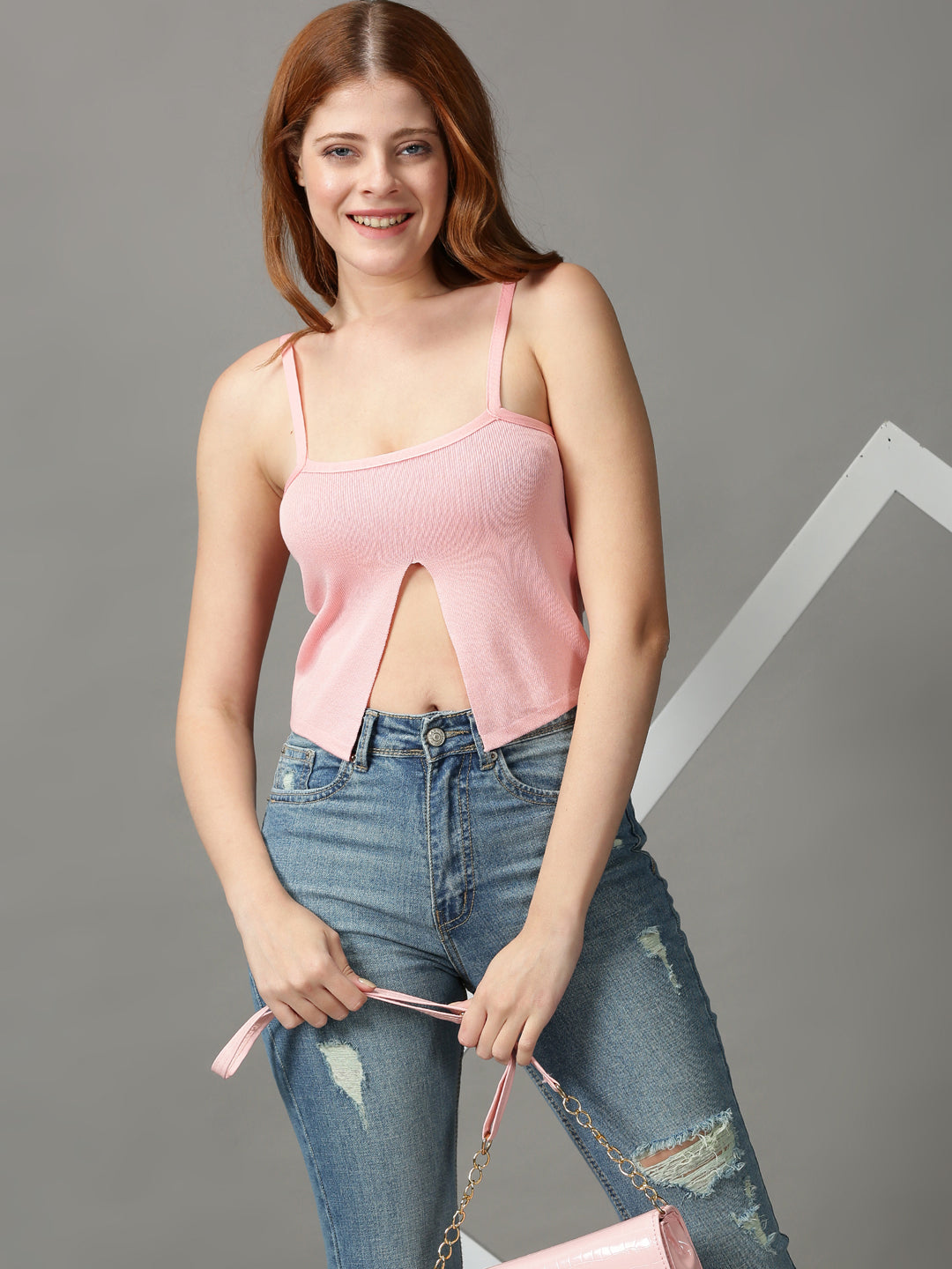 Women's Pink Solid Fitted Crop Top