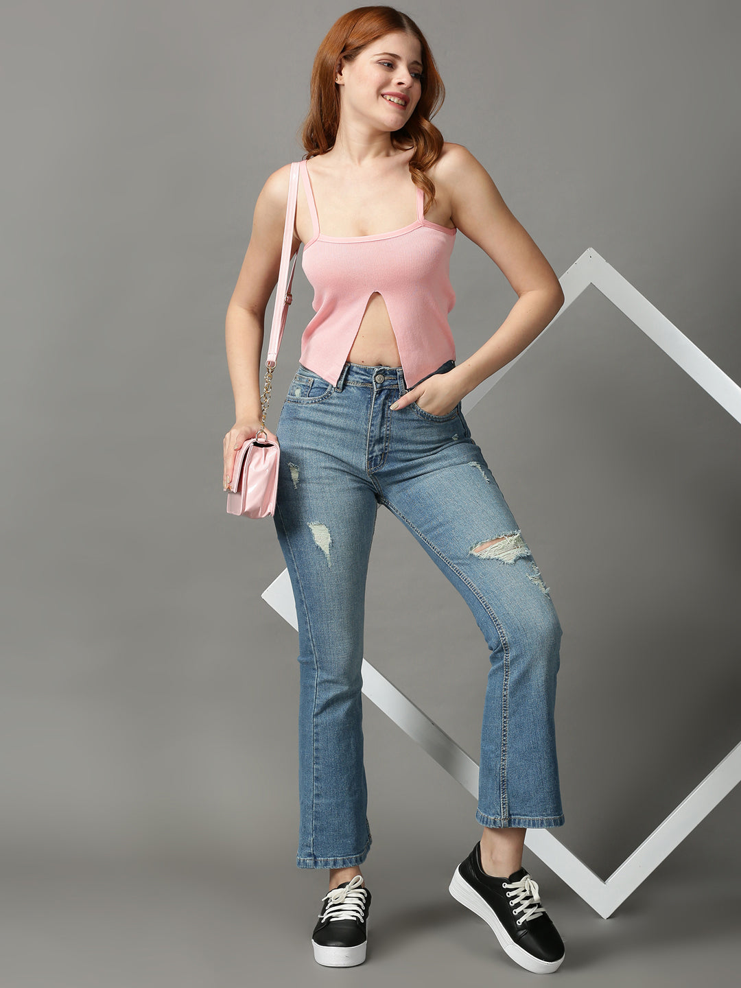 Women's Pink Solid Fitted Crop Top