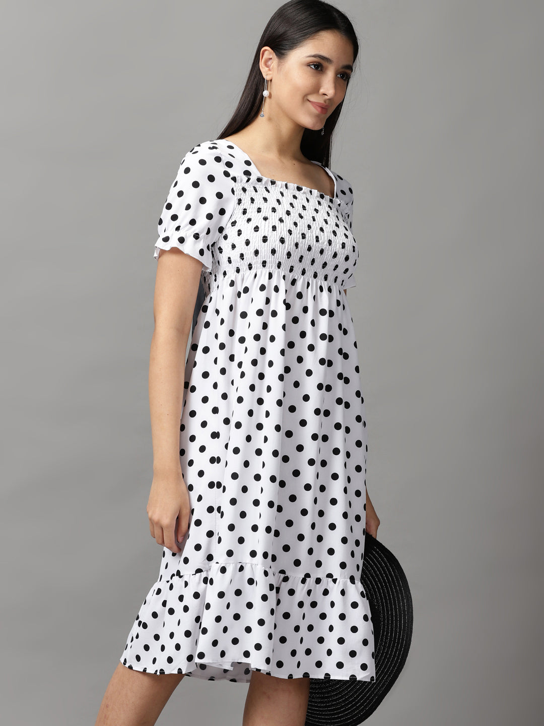 Women's White Polka Dots Fit and Flare Dress