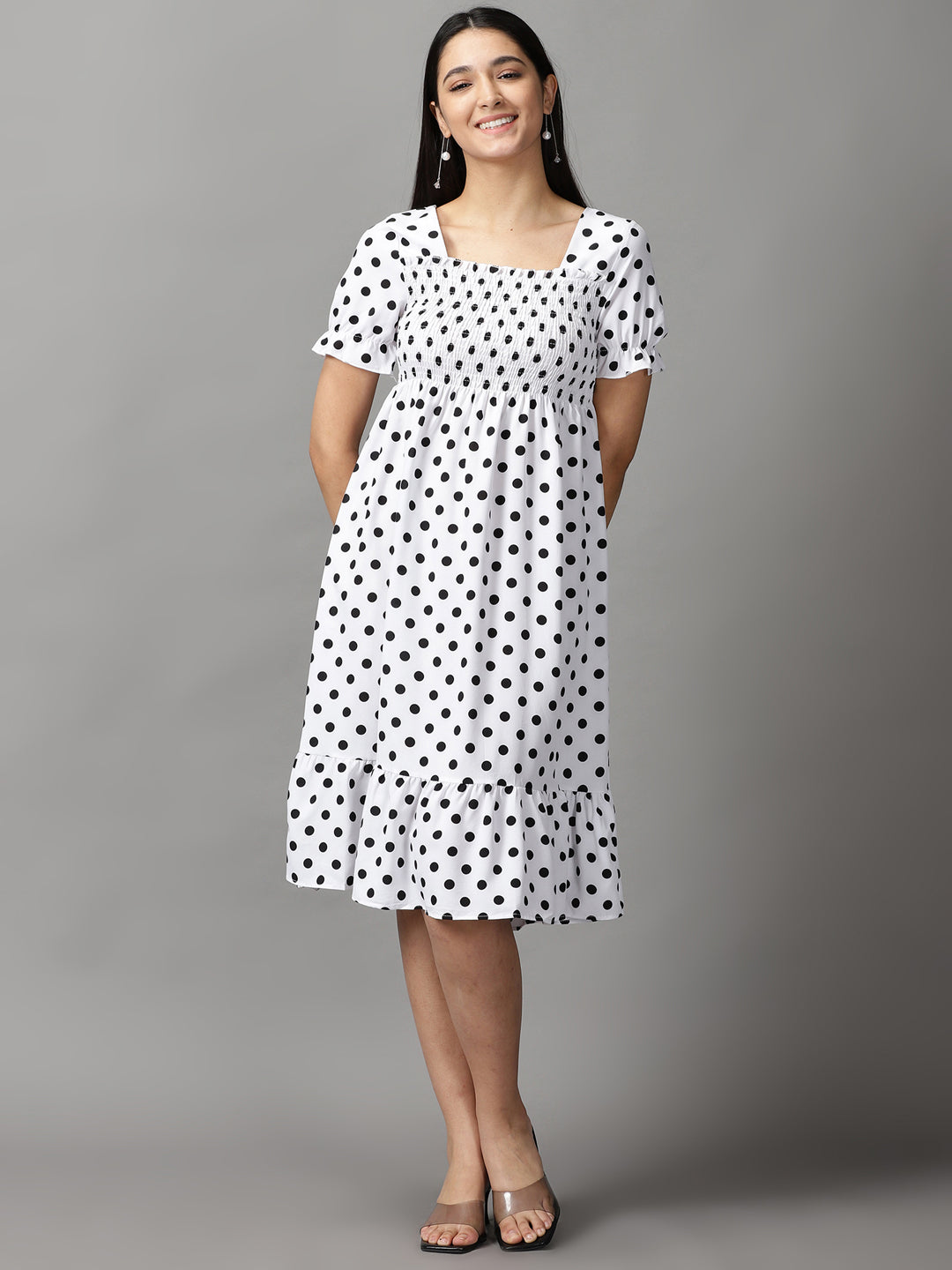 Women's White Polka Dots Fit and Flare Dress