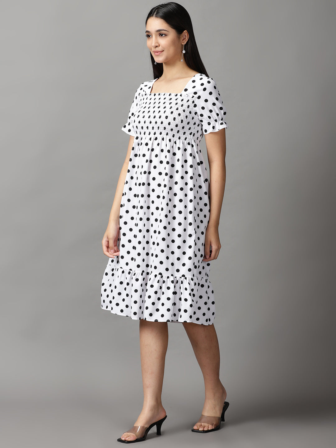 Women's White Polka Dots Fit and Flare Dress