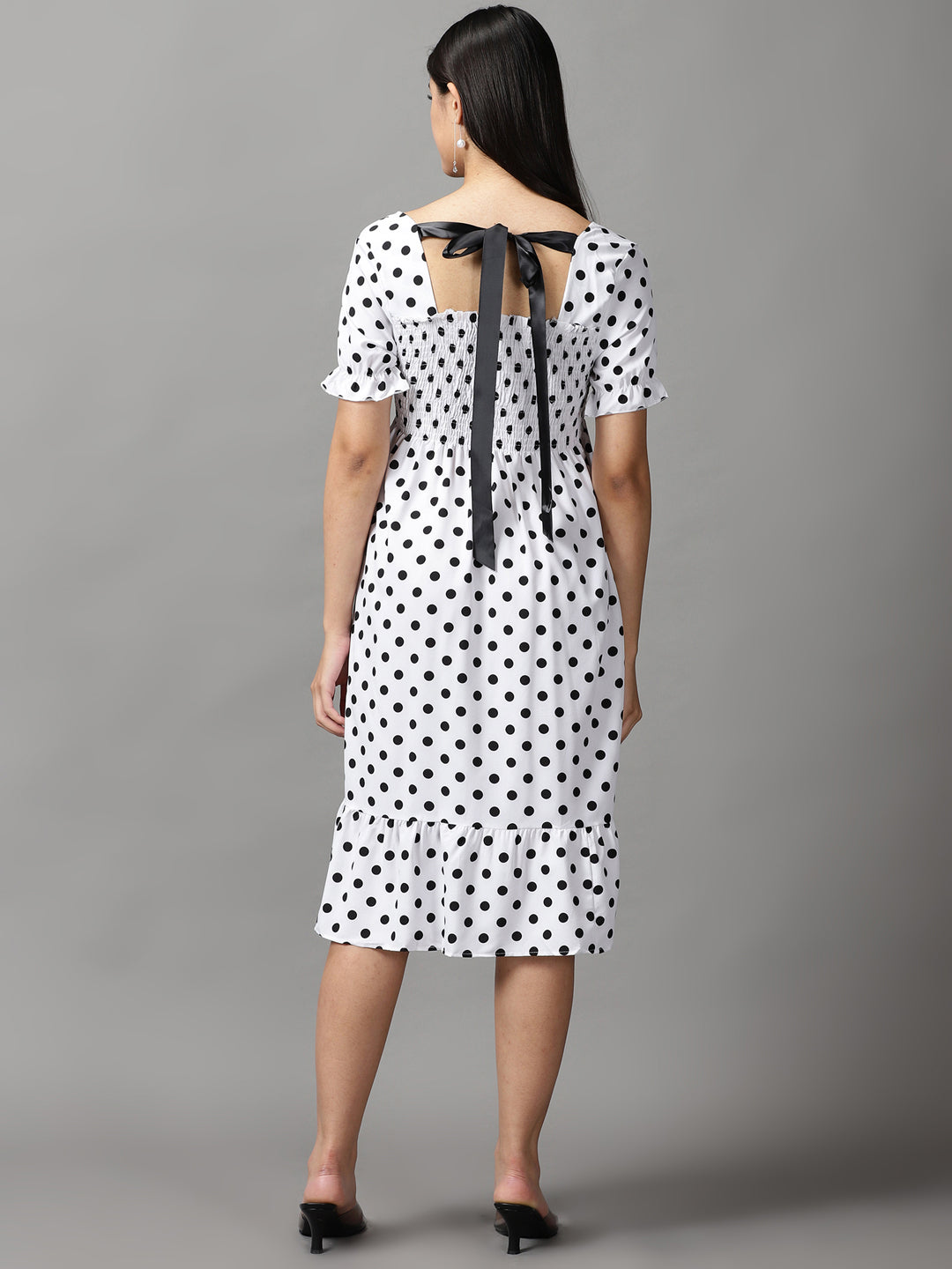 Women's White Polka Dots Fit and Flare Dress