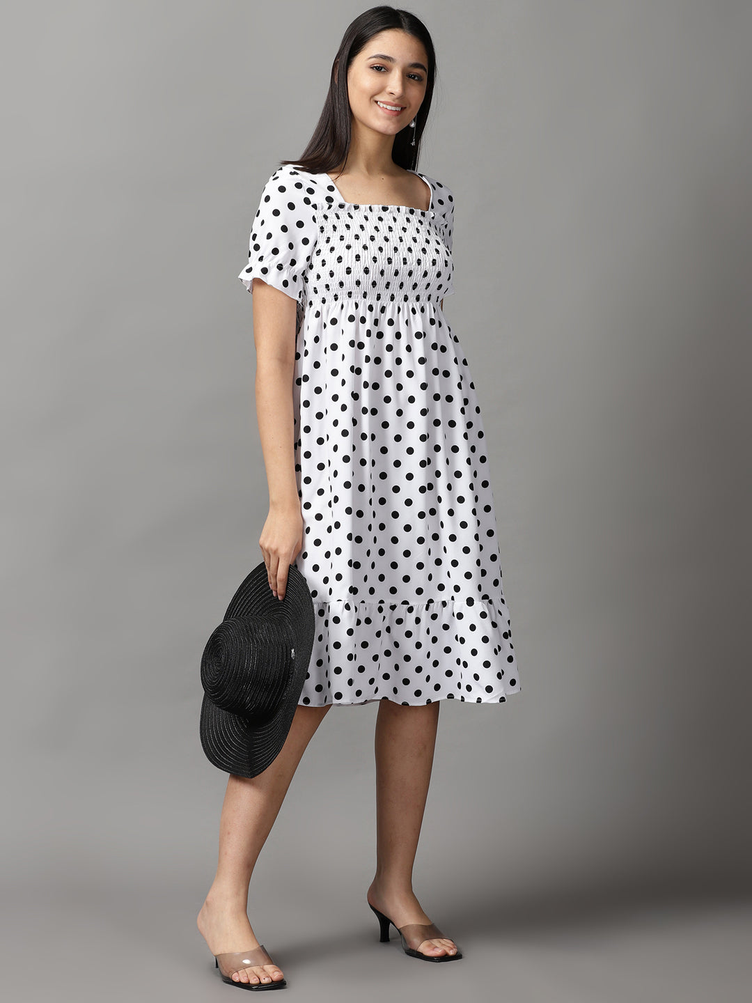 Women's White Polka Dots Fit and Flare Dress