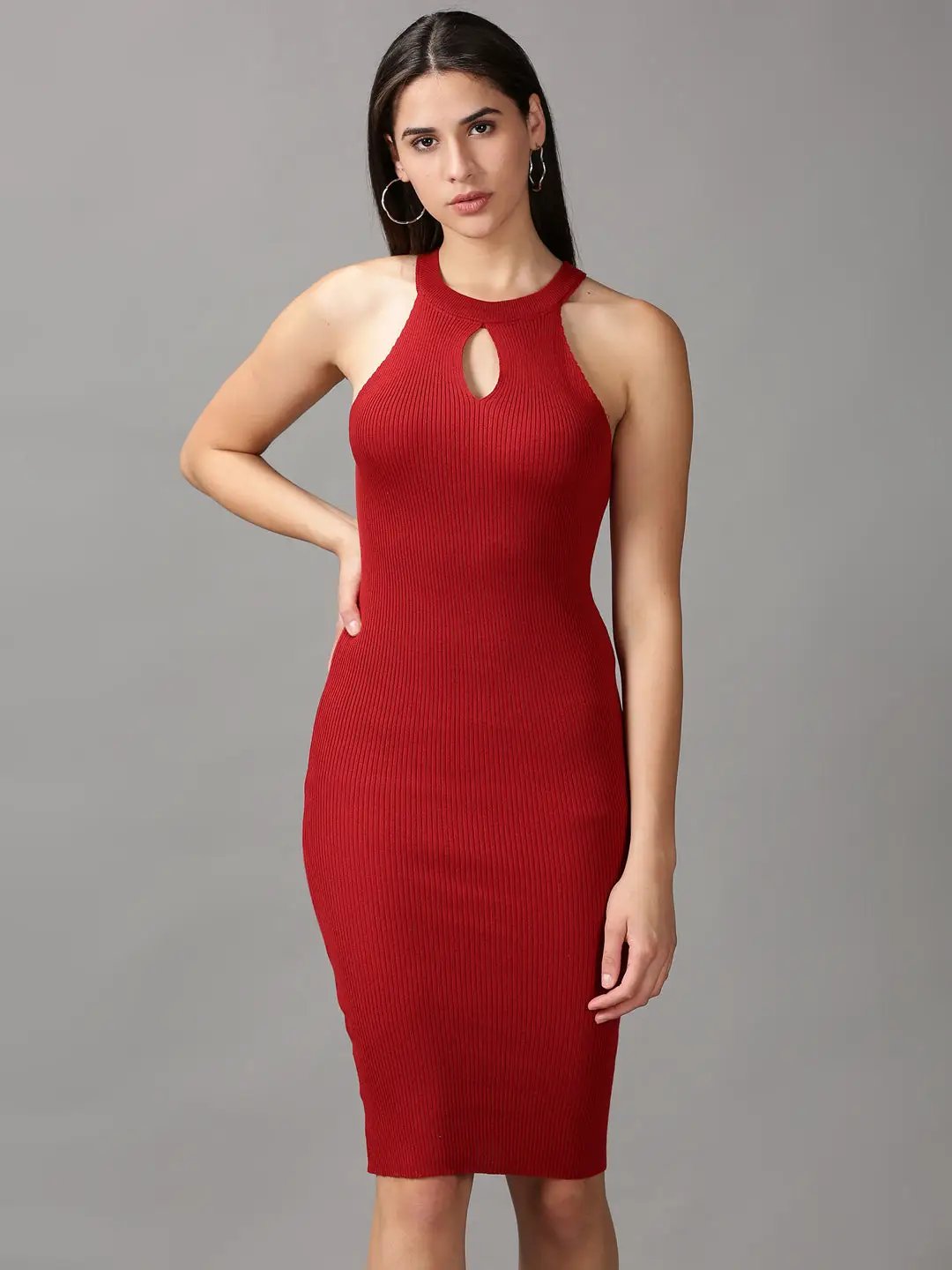 Women's Maroon Solid Bodycon Dress