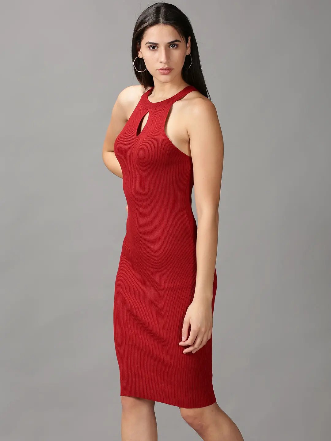 Women's Maroon Solid Bodycon Dress