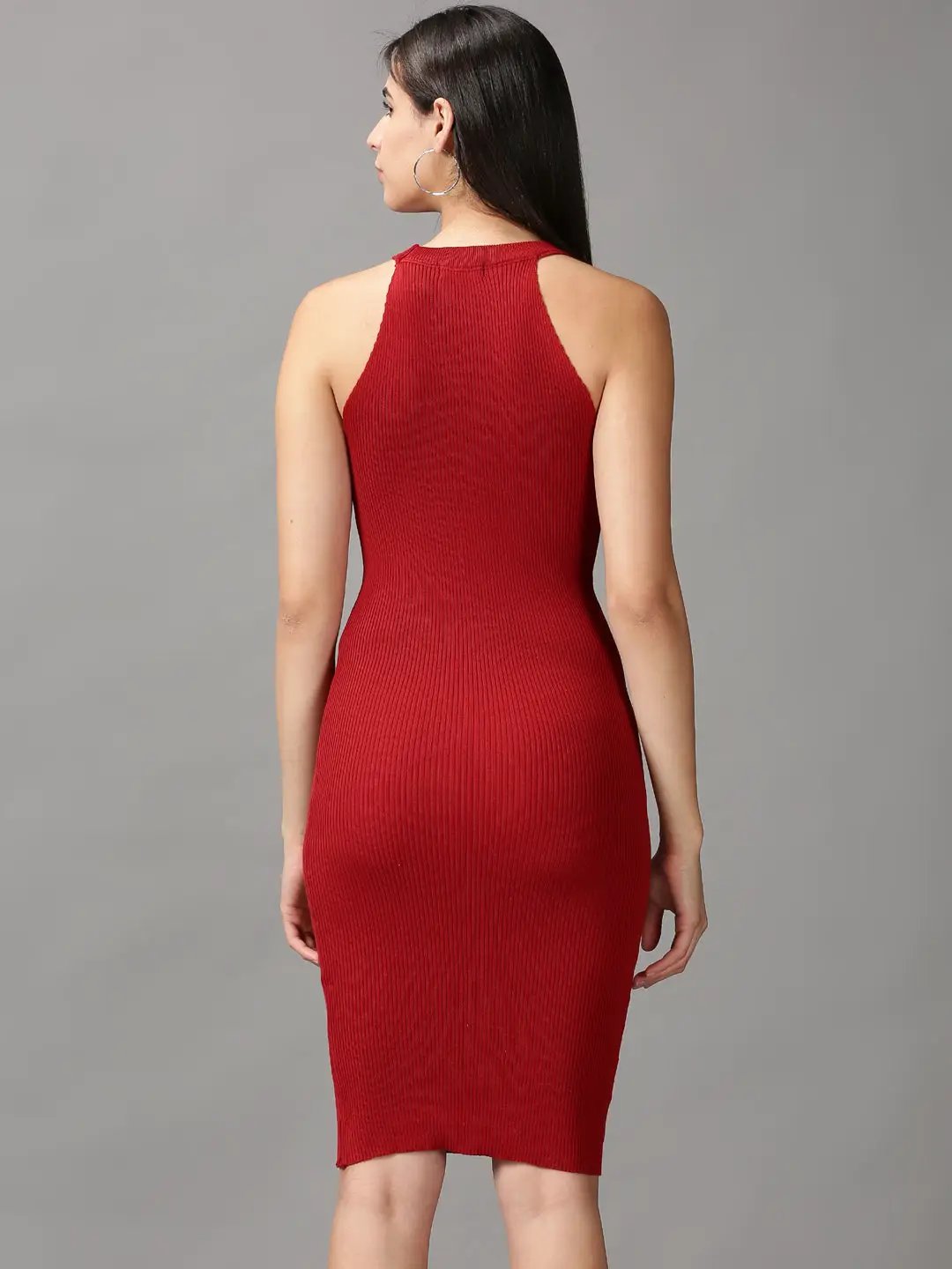 Women's Maroon Solid Bodycon Dress
