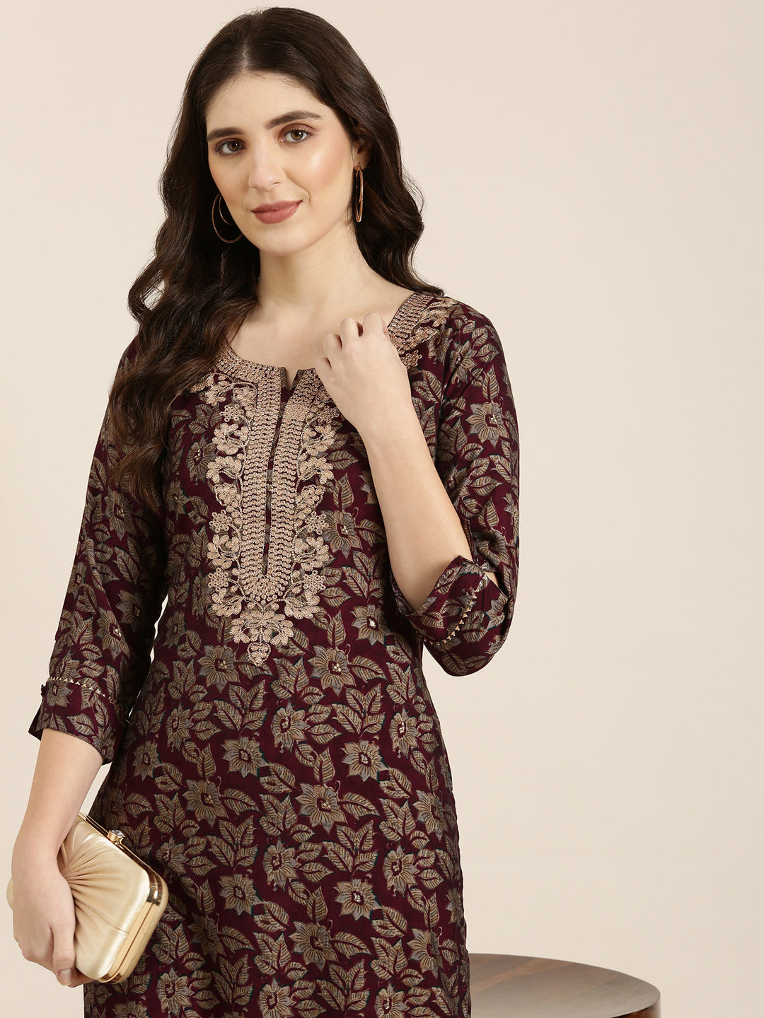 Women Maroon Floral Straight Kurta