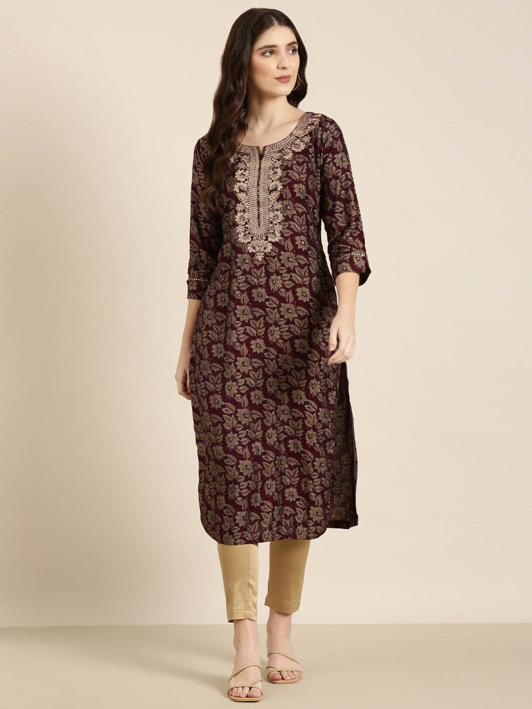 Women Maroon Floral Straight Kurta