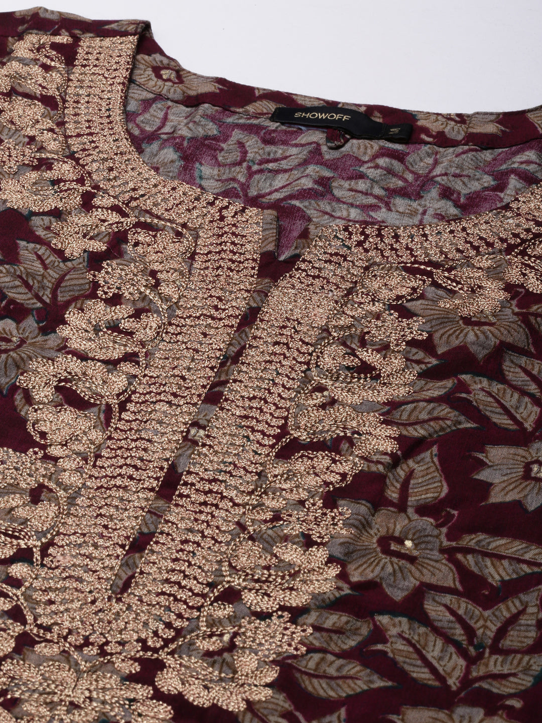 Women Maroon Floral Straight Kurta