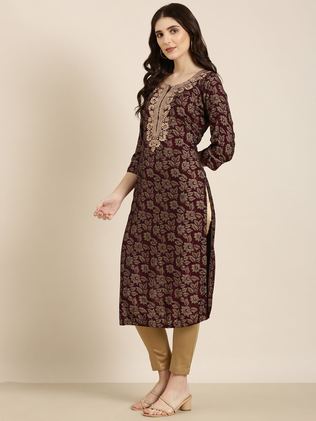 Women Maroon Floral Straight Kurta