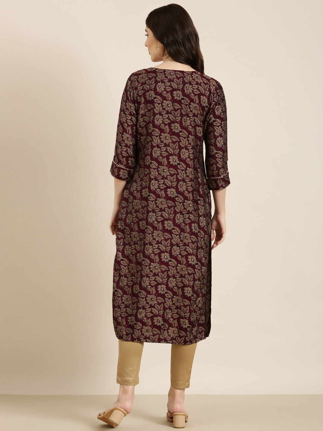 Women Maroon Floral Straight Kurta