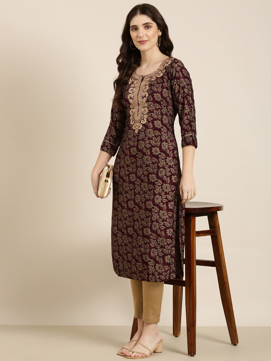 Women Maroon Floral Straight Kurta