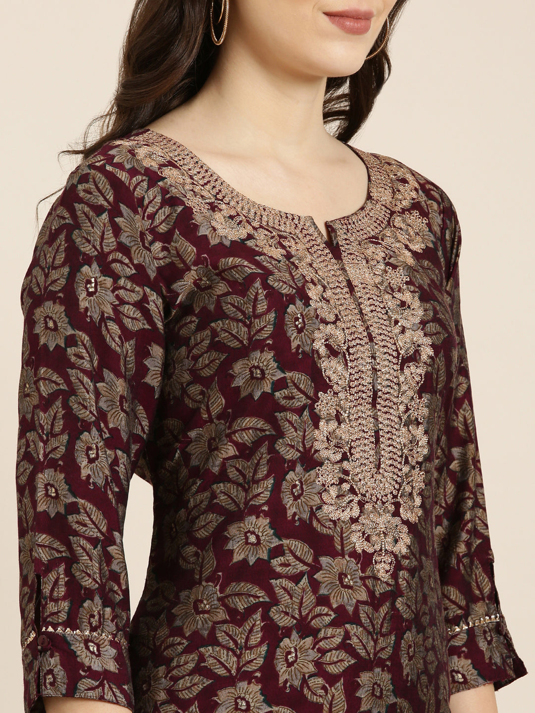 Women Maroon Floral Straight Kurta