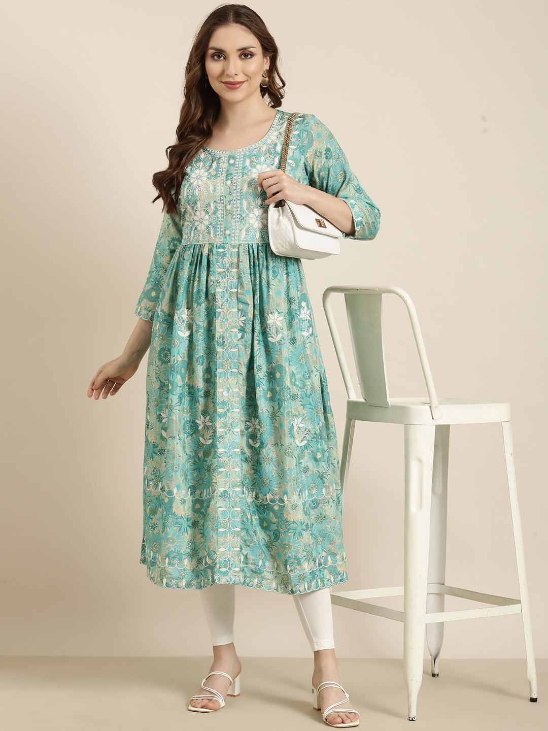 Women Anarkali Turquoise Blue Floral Kurta