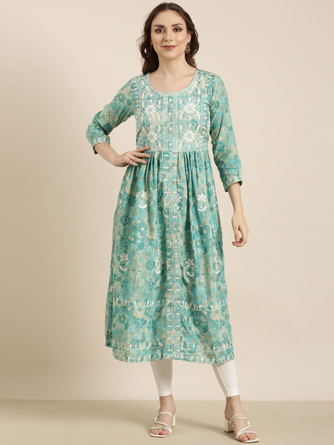 Women Anarkali Turquoise Blue Floral Kurta