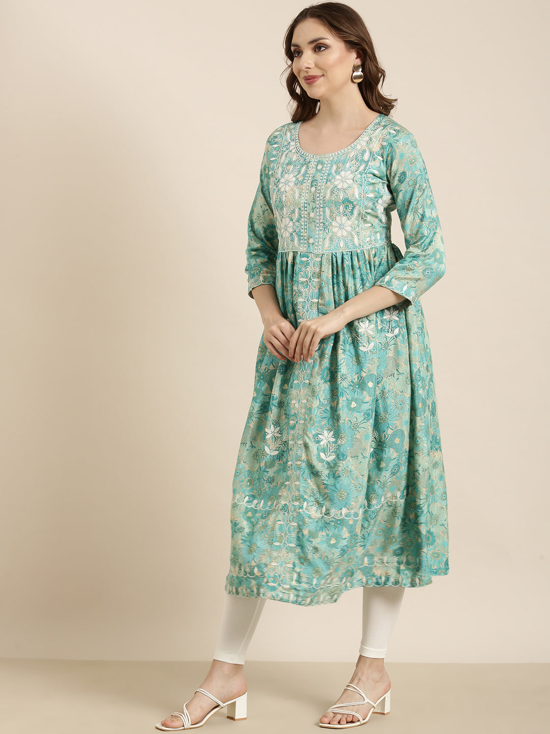 Women Anarkali Turquoise Blue Floral Kurta